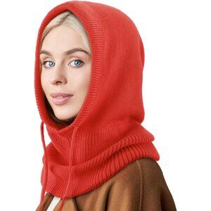 Women's Scarf Hat Balaclava Beanie Skull Cap with Drawstring Warm Hat Red
